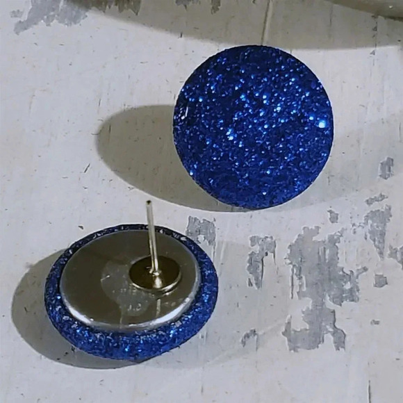 Retro 80s Club Glam Disco Sparkly Cobalt Blue Fabric Button Earrings - Picture 7 of 10